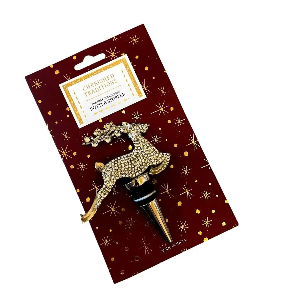 Gold Rhinestone Reindeer Bottle Stopper Holiday Barware New